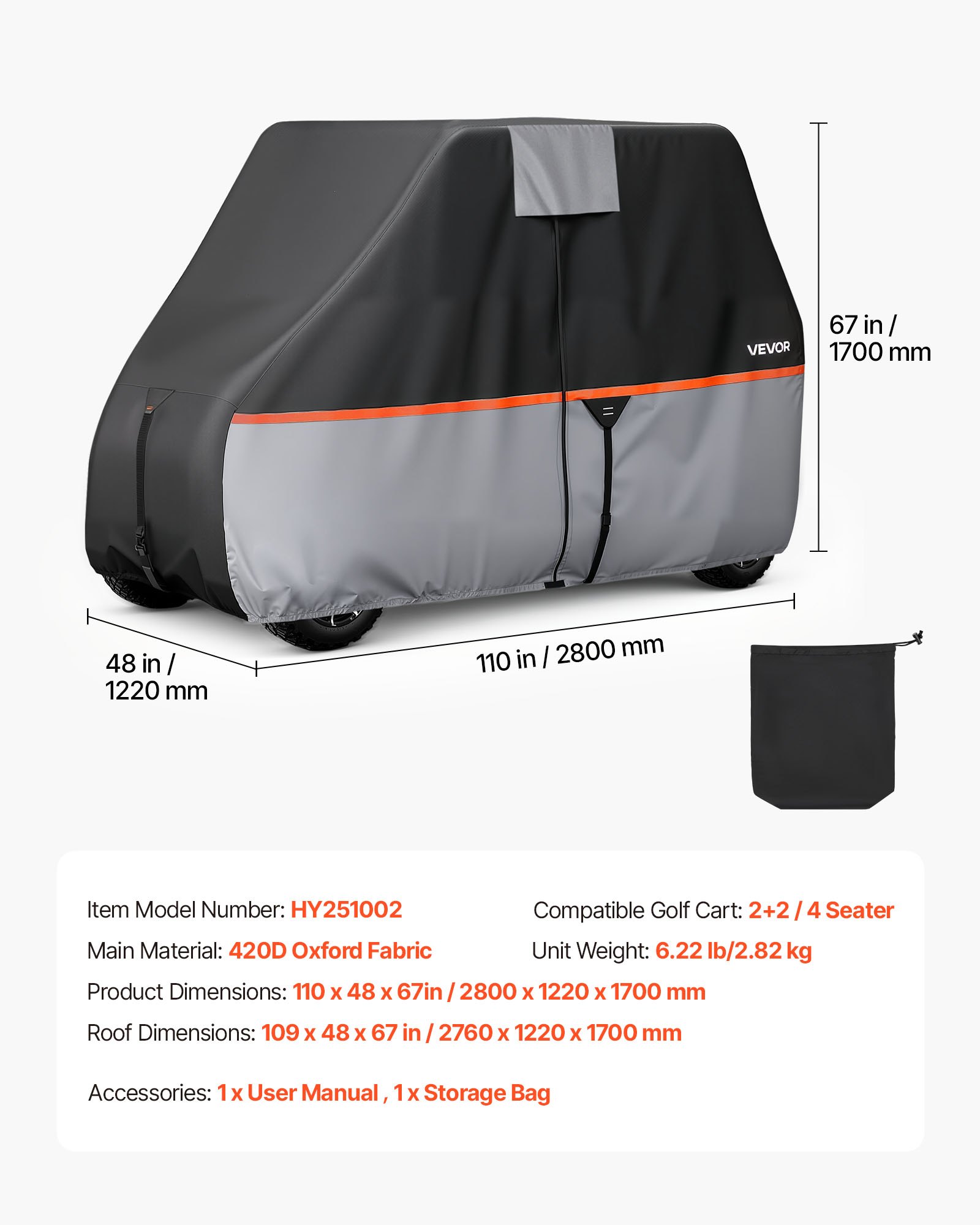Golf Cart Cover, Full Coverage 2+2/4 Passenger Golf Cart, 420D Waterproof Oxford Fabric Club Car Cover Fits Most Carts Club Car, Yamaha, EZGO, Honda, Silver-Coated Layer & Three Zipper Doors