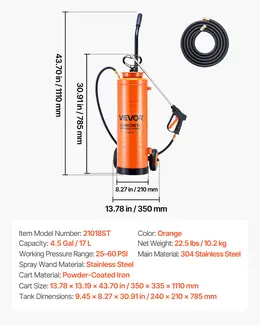 Industrial Sprayer, 4.5 Gallons Large Capacity, Stainless Steel Concrete Sprayer With Ergonomic Handle & Removable Cart, 48" & 120" Hose, Concrete Sealer Sprayers For Form Oils Construction