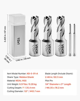 Annular Cutter Set, 5 Pcs Weldon Shank Mag Drill Bits Kit, 1" Cutting Depth, 1/2" Cutting Diameter, HSS, 3 Drill Bits With 2 Pilot Pins And 3 Plastic Cases, For Magnetic Drills, Steel, Aluminum
