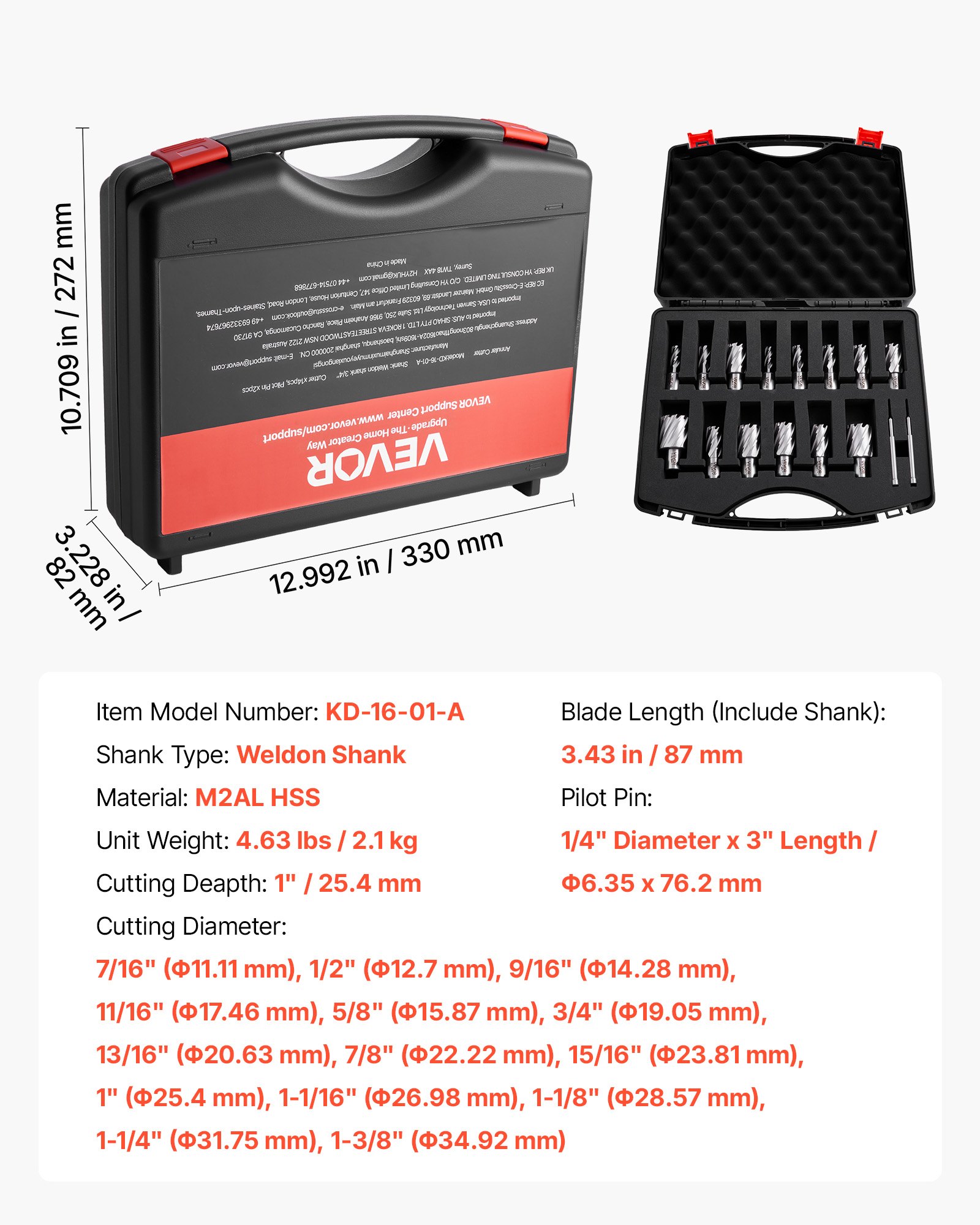 Annular Cutter Set, 16 Pcs Weldon Shank Mag Drill Bits Kit, 1" Cutting Depth, 7/16" To 1-3/8" Cutting Diameter, HSS, 14 Drill Bits With 2 Pilot Pins, Plastic Case, For Magnetic Drills, Steel