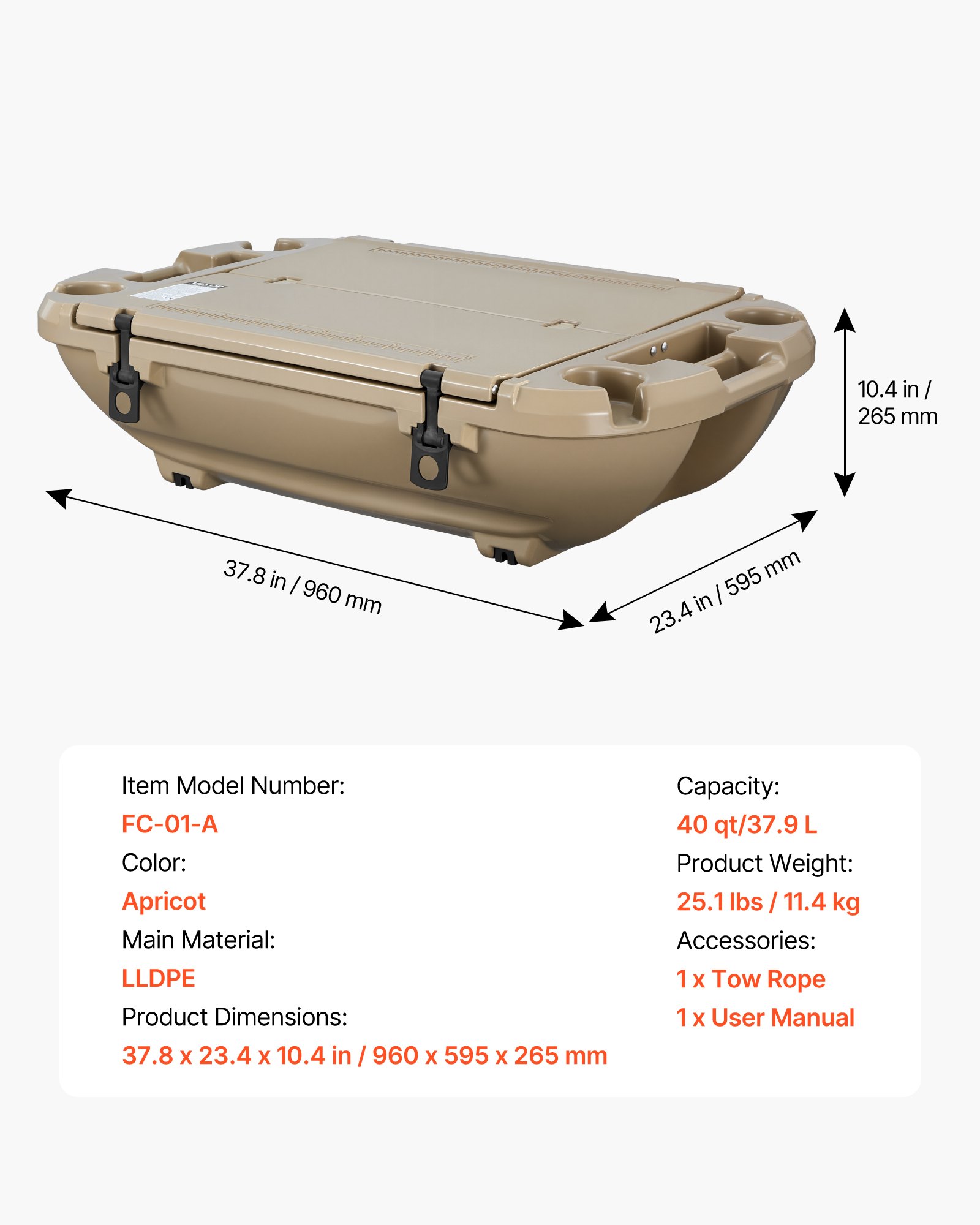 Floating Cooler, 40 QT Floating Ice Chest With Dry Storage & Tow Rope, Premium LLDPE Amphibious Drink Cooler For Water & Land, Cruise Smoothly Stable On Lake, River, Pool, Beach, Kayak, Apricot