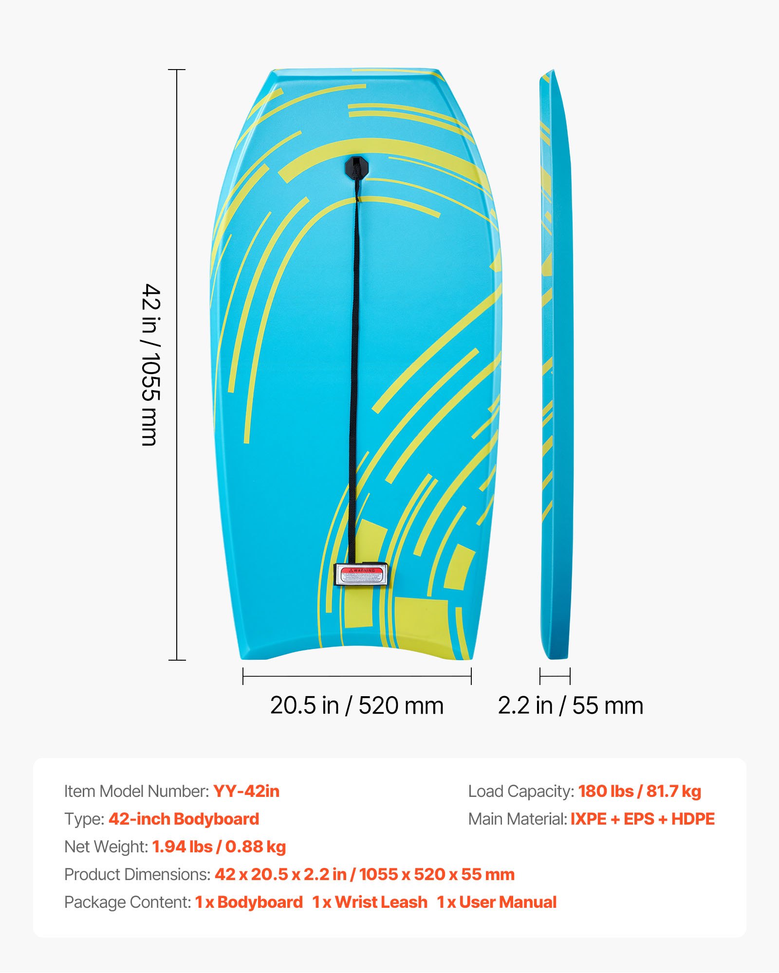 42-Inch Bodyboard, Body Board Trainer With EPS Foam Core & Wrist Leash, UV-Resistant Beach Bodyboard For Beginners, Youth Up To 180 Lbs