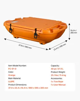 40 QT Floating Cooler with Dry Storage and Tow Rope, Orange