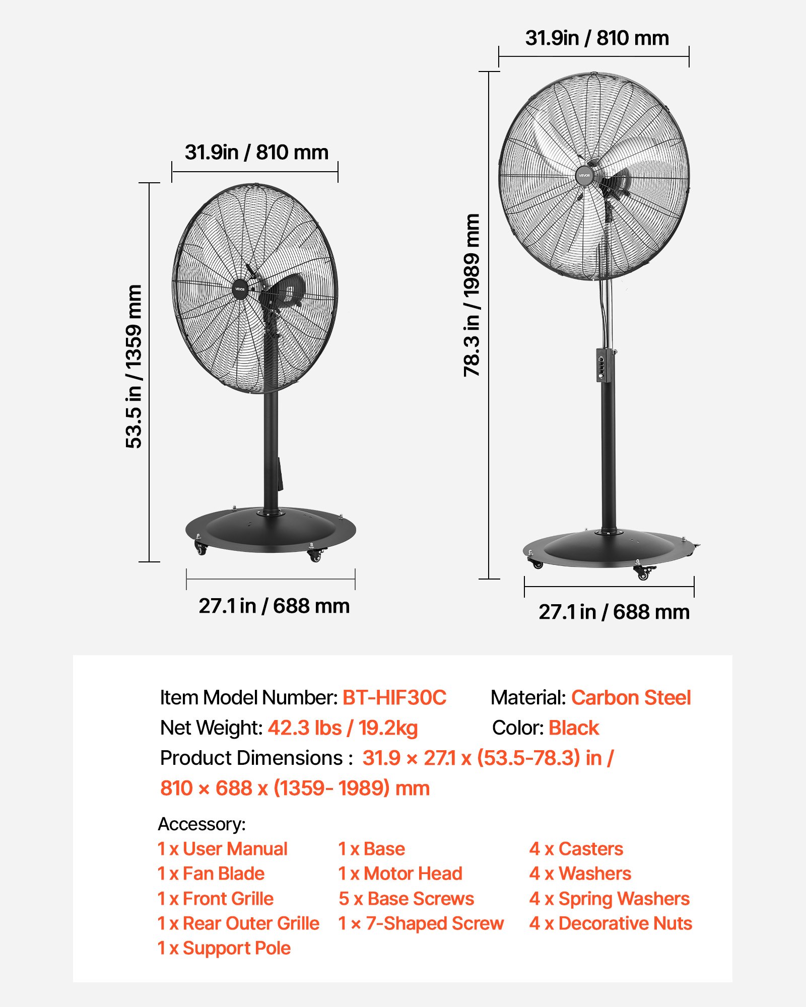 Main product image of 30-Inch Industrial Pedestal Fan, 9100 CFM, 85° Oscillating, 3-Speed, IP44