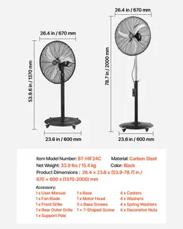 24-Inch Carbon Steel Pedestal Fan, 6800 CFM, 85° Oscillating, 3-Speed, IP44, Black