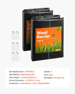 Weed Barrier Fabric Heavy Duty, 2 Packs 4x50FT 3.2oz Weed Blocker Fabric, Woven Landscape Fabrics, Garden Fabrics Weeds Barrier, Weeds Control Ground Cover, Geotextile Webbing, Black