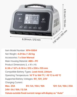 Smart Battery Charger, 25A, 6V 12V 24V Lithium LiFePO4 Lead-Acid (Gel/AGM) Car Battery Charger, With LCD Display, Trickle Charging Maintainer Desulfator, For Car, Boat, Motorcycle, Lawn Mowers