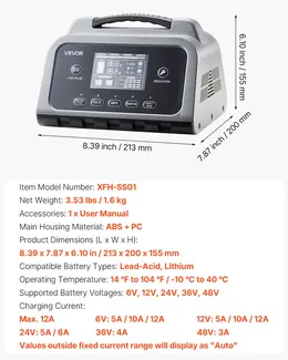 Smart Battery Charger, 12A, 6V 12V 24V 36V 48V Lithium LiFePO4 Lead-Acid (Gel / AGM) Car Battery Charger, With LCD Display, Trickle Charging Maintainer Desulfator, For Car, Boat, Motorcycle