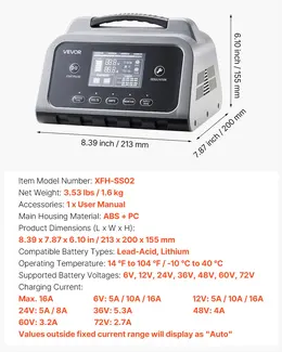 Smart Battery Charger, 16A, 6V 12V 24V 36V 48V 60V 72V Lithium LiFePO4 Lead-Acid (Gel/AGM) Car Battery Charger, With LCD Display, Trickle Charging Maintainer Desulfator, For Car Boat Motorcycle