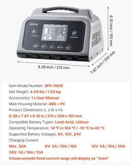 Smart Battery Charger, 30A, 6V 12V 24V LiFePO4 Lead-Acid Gel AGM Lithium Car Battery Charger, With LCD Display, Trickle Charging Maintainer Desulfator, For Car, Boat, Motorcycle, Lawn Mowers