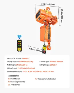 4400 Lbs Electric Chain Hoist, 20 Ft, Three-Phase, G100 Chain, 328 Ft Wireless Remote