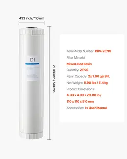 Deionized Filter For Spotless Car Wash System, 2 X 4L Mixed-Bed DI Resin Filter Replacement - Compatible With PRS-207SLXC, PRS-TCXC, PRS-TCXC-PT, PRS-207XCGB Deionized Water System