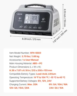 Smart Battery Charger, 20A, 6V 12V 24V Lithium LiFePO4 Lead-Acid (Gel/AGM) Car Battery Charger, With LCD Display, Trickle Charging Maintainer Desulfator, For Car, Boat, Motorcycle, Lawn Mowers