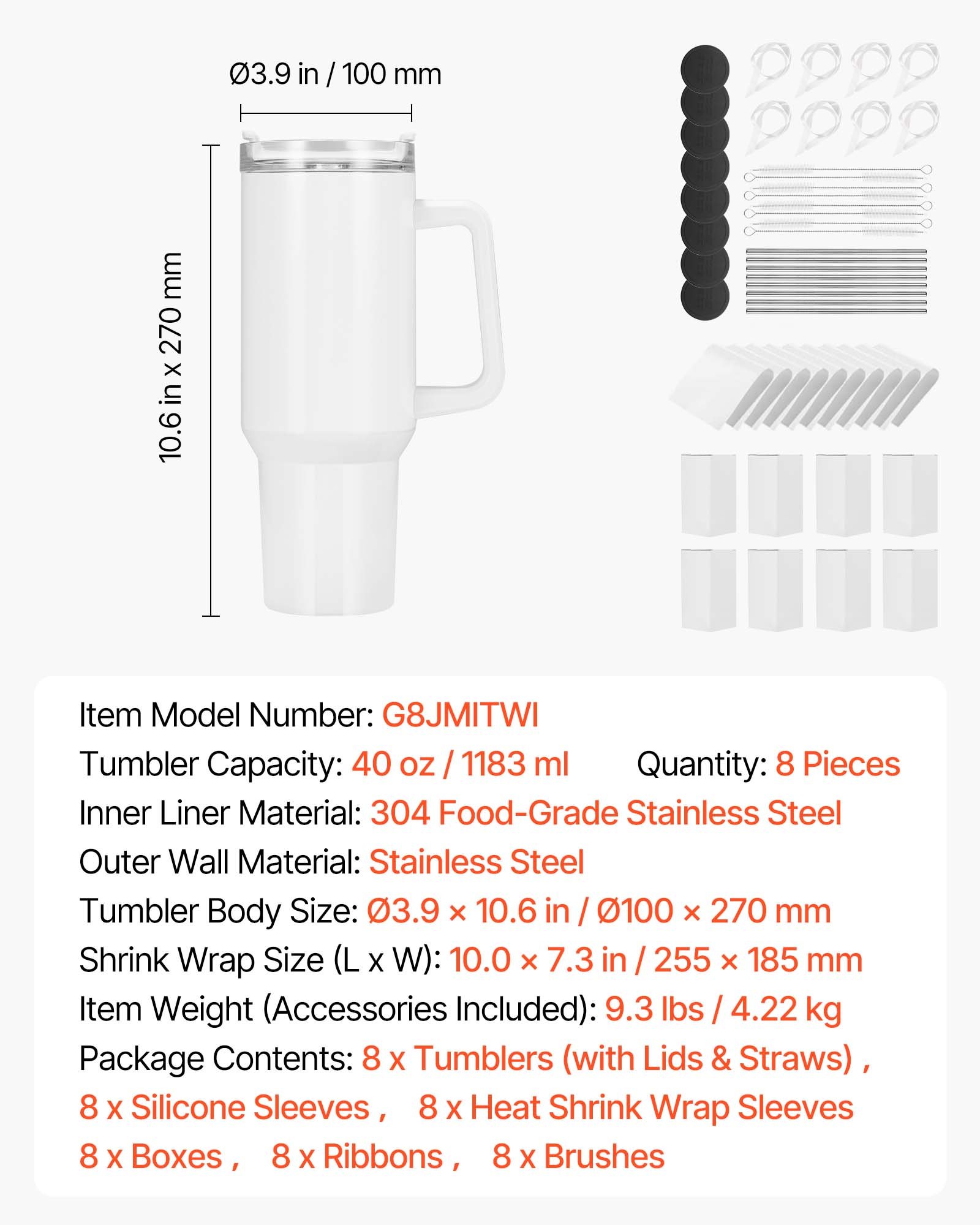 Sublimation Tumblers, 8 Pack, 40 Oz Tumblers Bulk With Handle, Stainless Steel Sublimation Cups With Lids And Straws, Double Wall Insulated Tumbler Blank, For DIY Personalized Customization