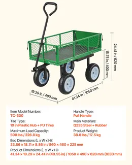 Garden Cart With Seat, 500 LBS, Rolling Steel Garden Work Seat With Wheels, Heavy Duty Gardening Stool, With Tool Tray & Adjustable Handle, Outdoor Yard Wagon, For Lawn, Patio, Backyard, Green