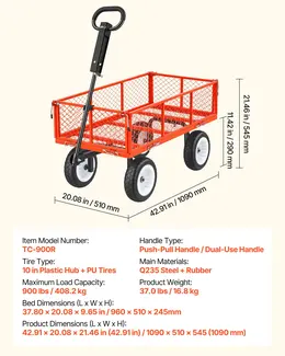 Garden Cart, 900 LBS, Heavy Duty Steel Yard And Garden Utility Wagon With 10-Inch Tires, Outdoor Gardening Stool With Adjustable Handle, Detachable Side Panels, Attach To ATV Or Tractor, Red