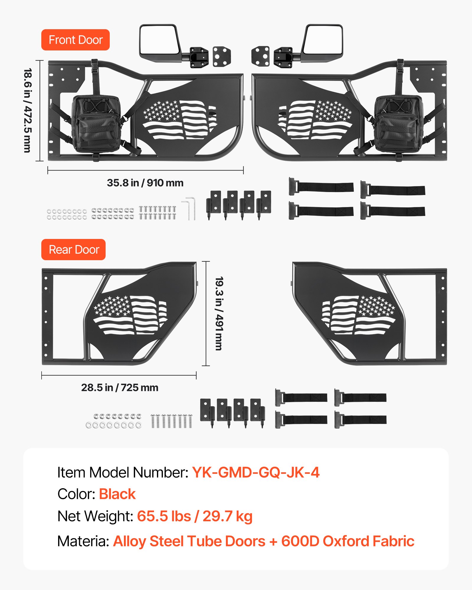 Jeep Tube Doors, 4-Door, Compatible With 2007-2018 Jeep Wrangler JK Unlimited, Steel Off Road Front & Rear Tubular Half Doors With DOT Certified Side View Mirrors, Storage Bag And Rubber Pads