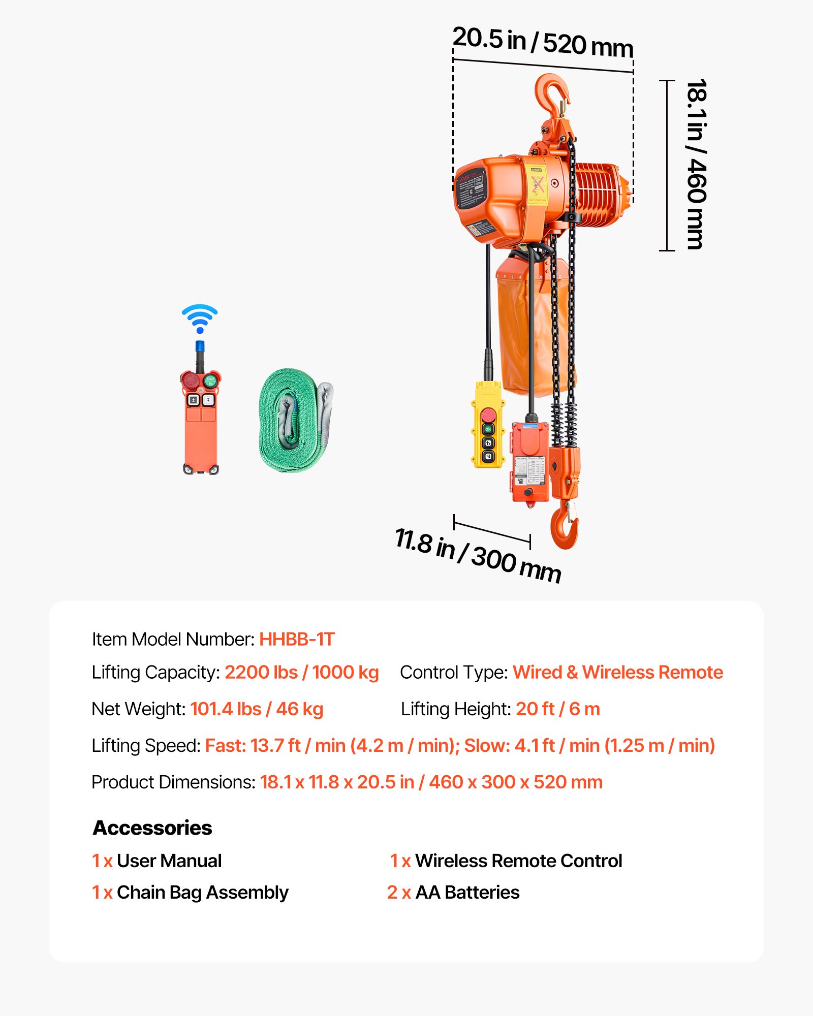 2200 Lbs Electric Chain Hoist, 20 Ft Lifting Height, Three-Phase Overhead Crane With 328 Ft Wireless & 15 Ft Wired Remote Control, Double G80 Chain Hoist For Factories, Warehouses, Garages