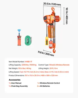 2200 Lbs Electric Chain Hoist, 20 Ft Lift, Three-Phase, Double G80 Chain, Remote Control