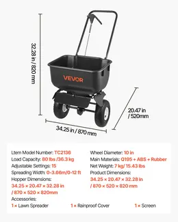 Push Lawn Spreader, 12ft Spreading Width, Broadcast Spreader With 80lbs Load Capacity & 10 In All-Terrain Tires, Walk-Behind Garden & Lawn Broadcast Spreaders For Seed Fertilizer, Salt Ice Melt