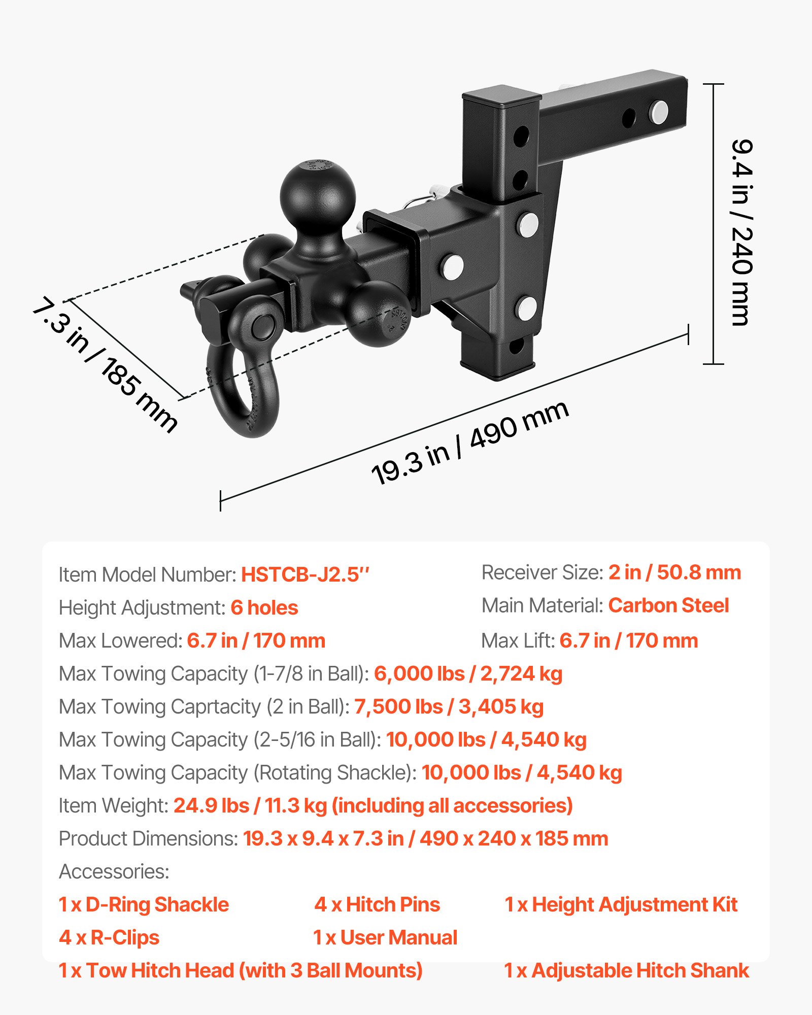 Trailer Hitch Tri Ball Mount With D Shackle, Fit 2 Inch Receiver, 1-7/8 Inch, 2 Inch And 2-5/16 Inch Balls, 10000 Lbs GTW, 6 Inch Drop, Towing Hitch For RVs, Off-Road Vehicles And Trucks