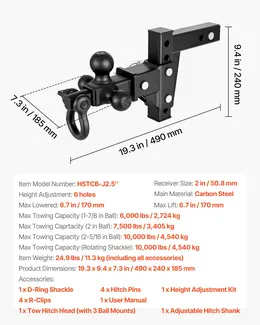 Trailer Hitch Tri Ball Mount With D Shackle, Fit 2 Inch Receiver, 1-7/8 Inch, 2 Inch And 2-5/16 Inch Balls, 10000 Lbs GTW, 6 Inch Drop, Towing Hitch For RVs, Off-Road Vehicles And Trucks