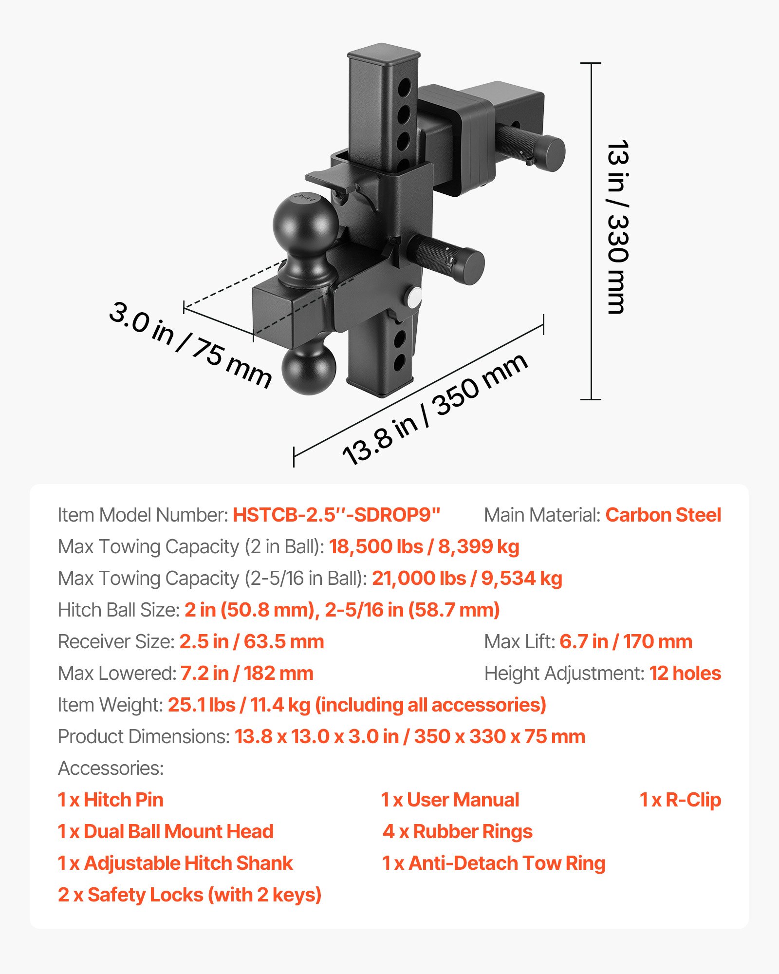 Adjustable Trailer Hitch, Fit 2.5 Inch Receiver, Trailer Hitch Mount With 2 Inch & 2-5/16 Inch Balls, 21000 Lbs GTW, 9 Inch Drop, Towing Ball Mounts For RVs, Off-Road Vehicles And Trucks, Black