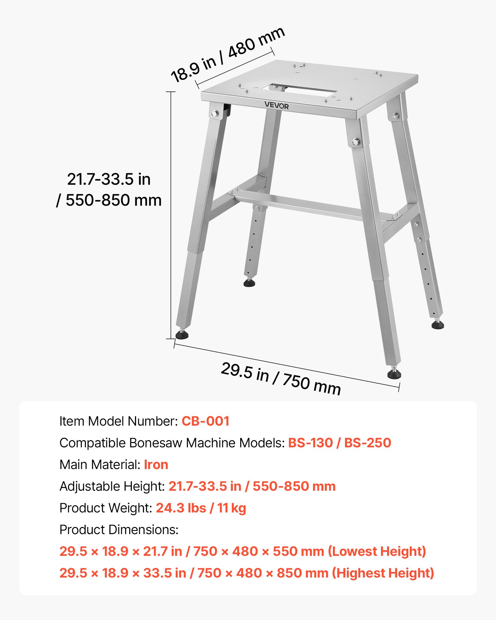 Electric Meat Bandsaw Stand, Floor Stand With Adjustable Height, Stable H-Shaped Frame, Anti-Slip Foot Pads, For Our Bone Saw Machine, Compatible With Models BS-130 & BS-250