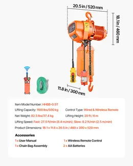 1100 Lbs Electric Chain Hoist, 20 Ft Lifting Height, Three-Phase Overhead Crane With 328 Ft Wireless & 15 Ft Wired Remote Control, Single G80 Chain Hoist For Factories, Warehouses, Garages