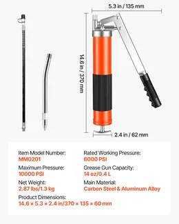 Grease Gun, 10000 PSI High Pressure, Heavy Duty Pistol Grip Grease Gun Kit With 14 Oz Capacity, Includes 18-Inch Flex Hose, 1 Extension Rigid Pipe And 1 Sharp Type Nozzle For Automotive, Marine