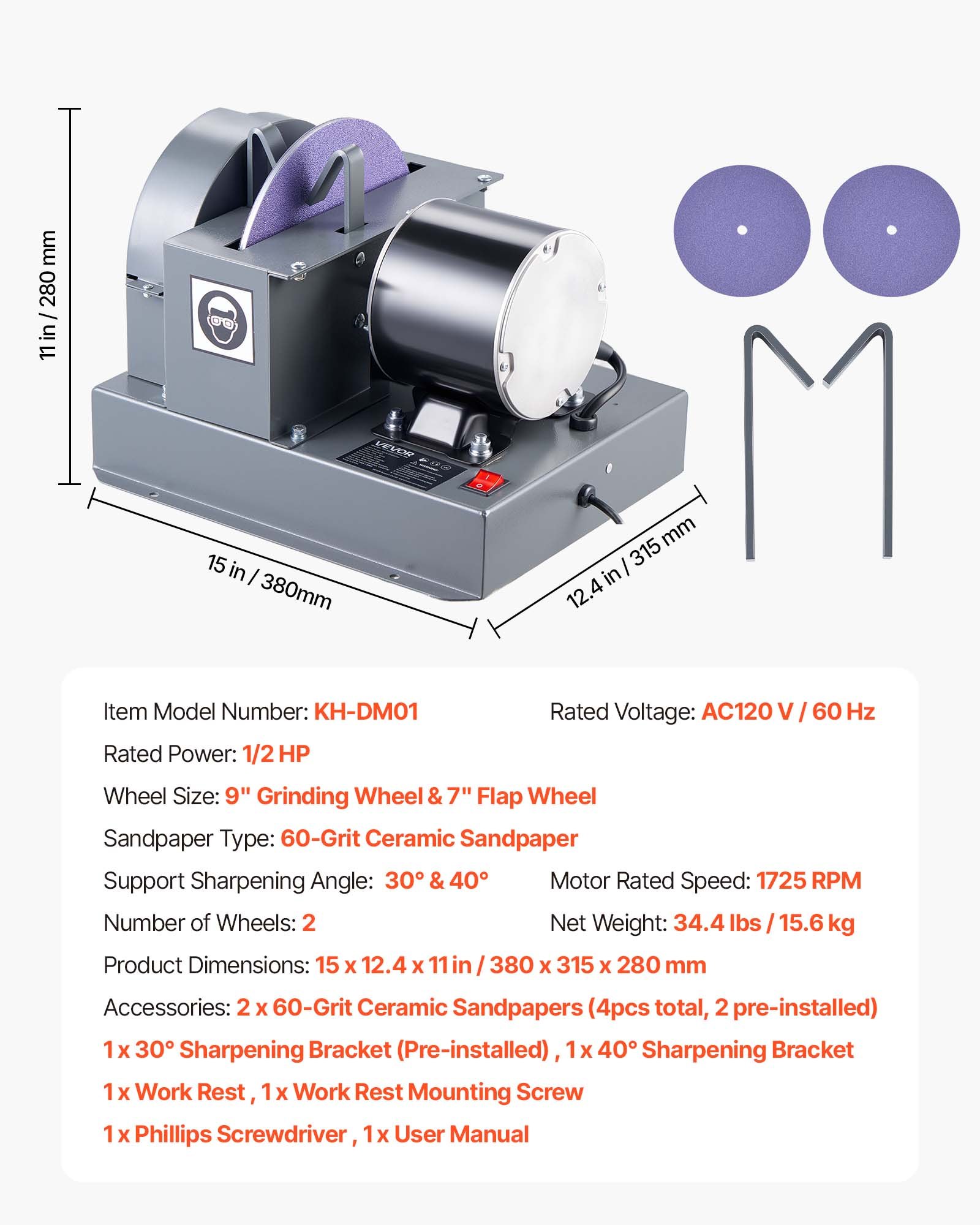 Main product image of Lawn Mower Blade Sharpener, 1/2HP Lawnmower Blades Grinder With 7" Flap Wheel & 9" Ceramic Grinding Wheel, 30° Or 40° Blade Sharpening Machine For High Lift, Low Lift, Gator & Flat Blades
