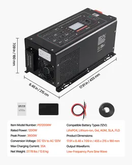 1200W Pure Sine Wave Inverter Charger, 12V DC to 120V AC, Low Frequency, LiFePO4 Compatible