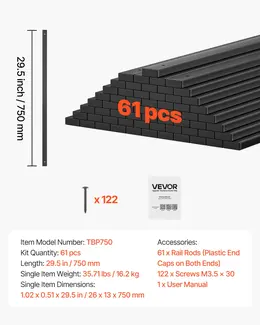61 Pack Deck Balusters, 29.5 In Galvanized Steel Railing Spindles, Hollow Rectangle Metal Decking Stair Balusters With Pre-Drilled Hole, End Caps, Screws, For Deck, Porch & Stair Railing, Black