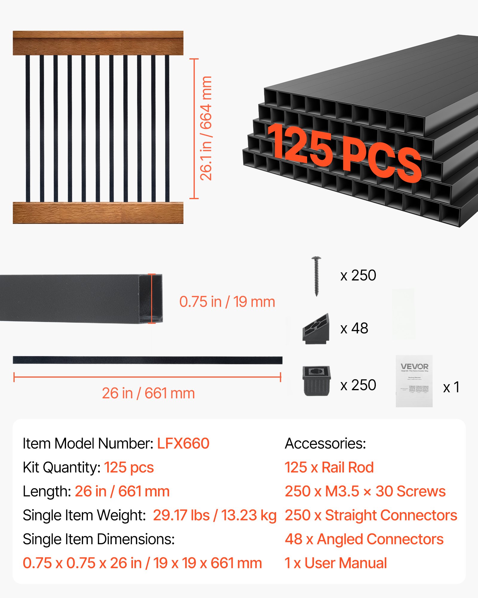 125 Pack Deck Balusters, 3/4 In Square X 26 In Long Aluminum Railing Spindles, Hollow Metal Decking Stair Balusters With Connectors, Screws, For Deck, Porch & Staircase Railing Fence, Black