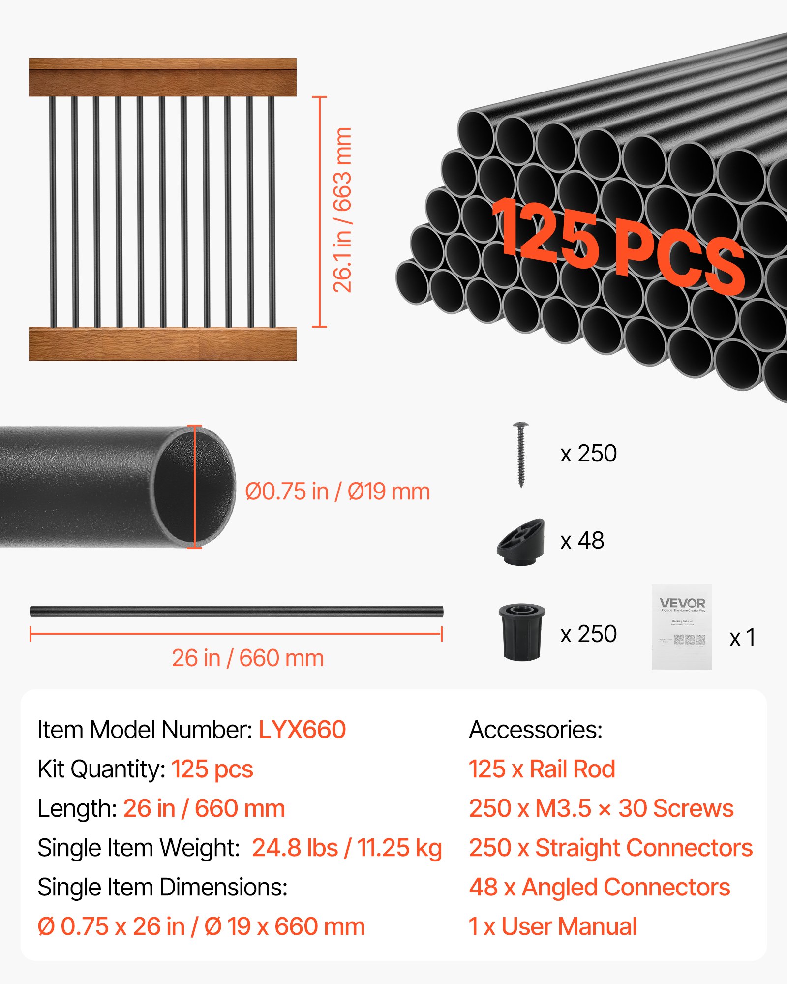 125 Pack Deck Balusters, 26 In Aluminum Railing Spindles, 3/4 In Diameter Hollow Round Metal Decking Stair Balusters With Connectors, Screws, For Deck, Porch & Staircase Railing Fence, Black