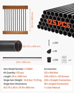 125 Pack 26 In Black Aluminum Deck Balusters, 3/4 In Round Hollow
