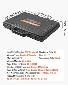 Tap And Die Set, 51-Piece SAE Sizes 1/4" To 1", With Coarse And Fine Thread Taps And Dies, Wrench, Carrying Case And Complete Accessories, Bearing Steel, For Threading And Rethreading Threads