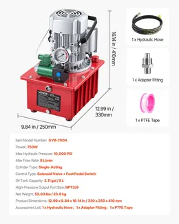 Hydraulic Power Pack, 120V, 750W, 10,000 PSI, 2.1 Gal, Single Acting, Pedal Switch