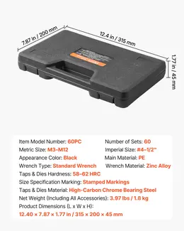 Tap And Die Set, 60-Piece Metric And SAE Sizes M3 To M12, #4 To 1/2", With Coarse And Fine Thread Taps And Dies, Wrench, Carrying Case And Complete Accessories, For Threading And Rethreading