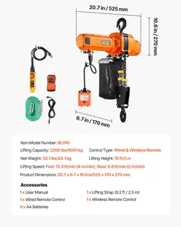 2200 Lbs Electric Chain Hoist, 10 Ft Lift, 120V, Wireless & Wired Remote