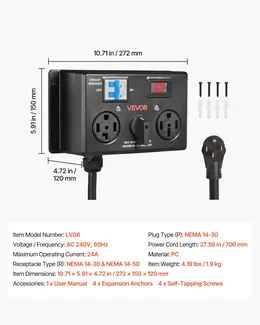 Manual EV Charging Switch, NEMA 14-30P To 14-30R & 14-50R, Splitter Switch For Dryer & EV, 24A Max 240V Manual Power Distribution With Circuit Breaker, Hand-Operated Selector, Plug And Play, ETL