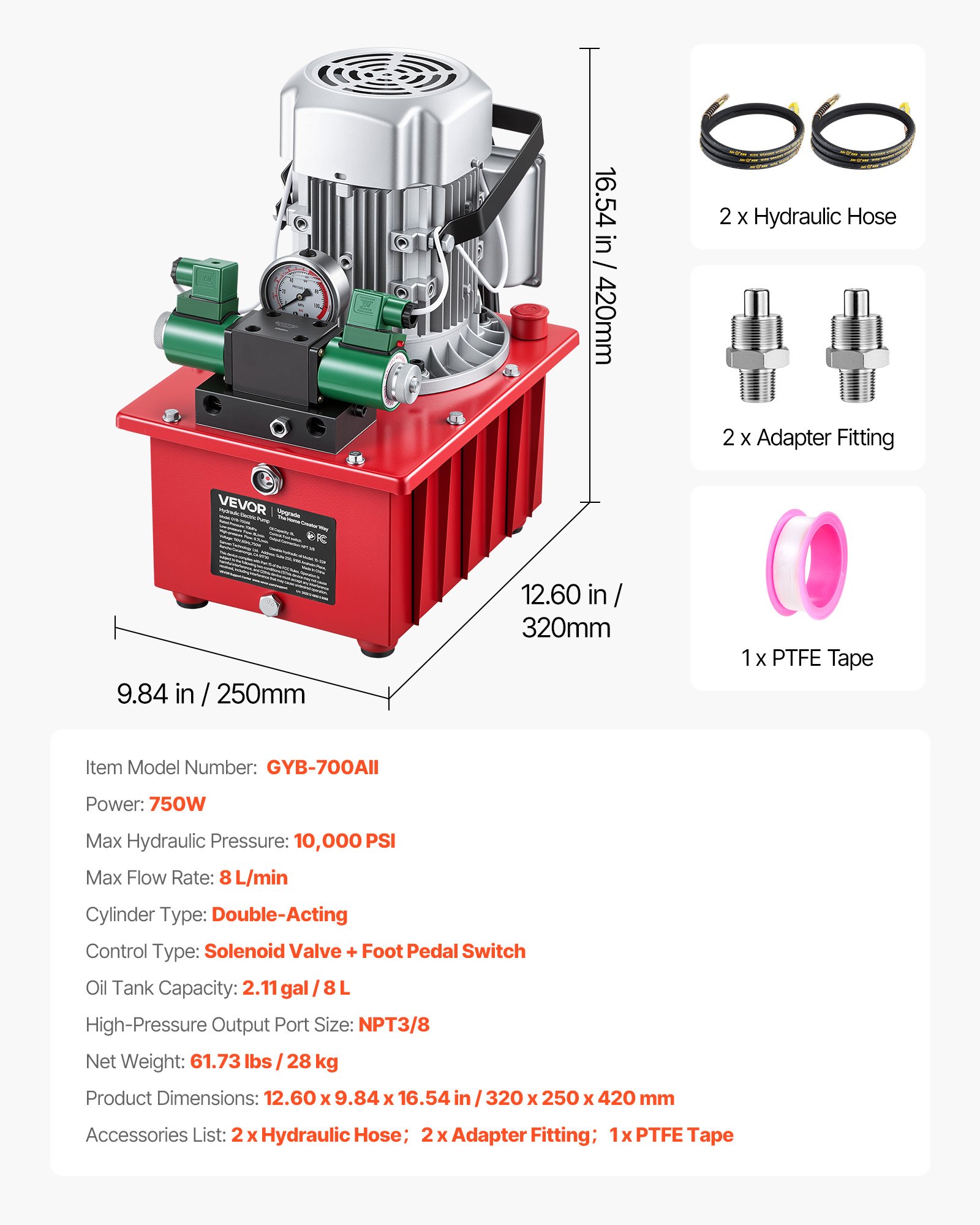 Electric Driven Hydraulic Pump, 750W 10,000 PSI, 120V Double Acting Hydraulic Pump Power Pack Unit, Solenoid Valve With Pedal Switch, 2.1 Gal / 8L, For Punching, Bending, Double Acting Cylinders