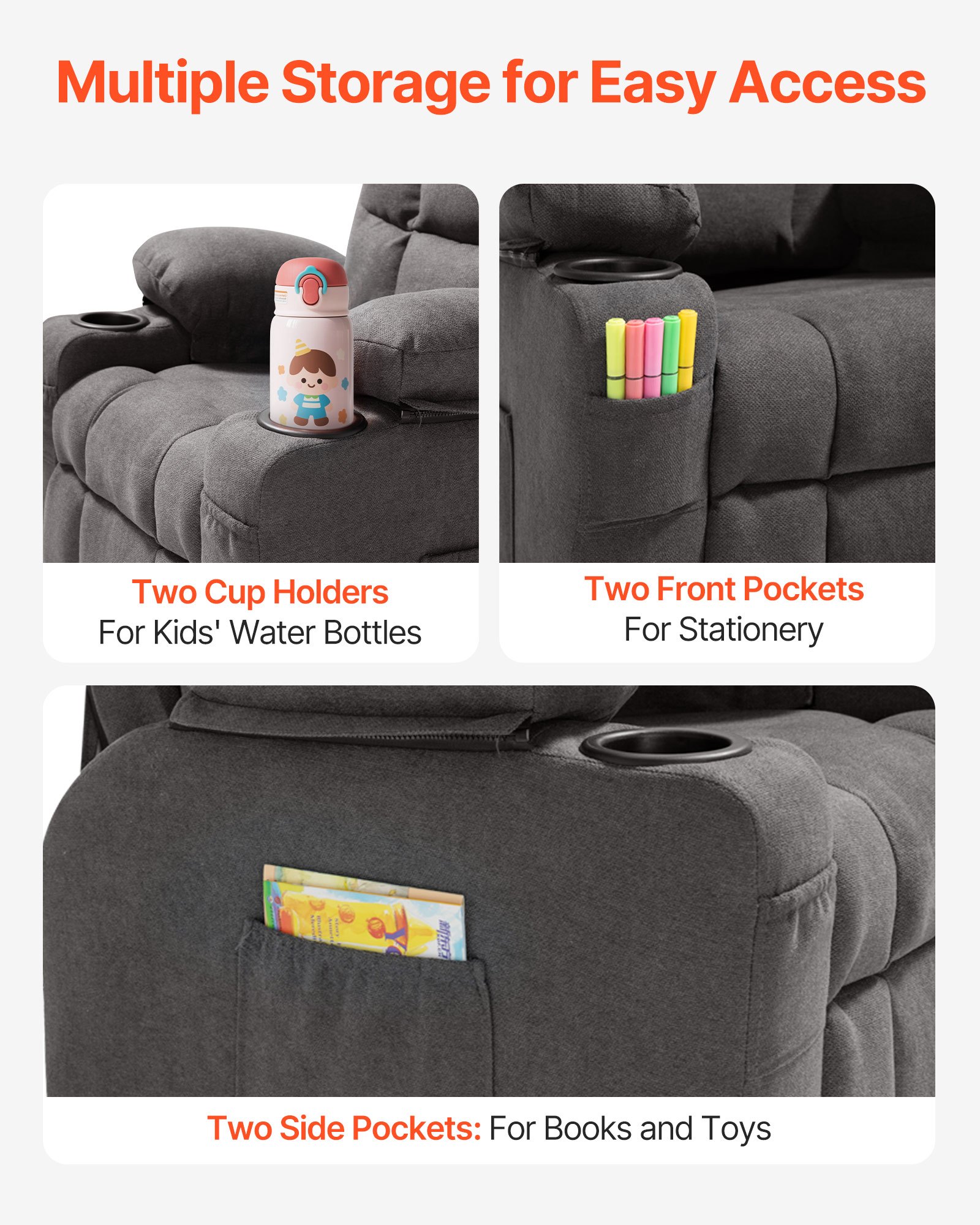 Kids Recliner Chair, Toddler Lounger With Cup Holders & Pockets, 107° To 126° Adjustable Back, Breathable Polyester Upholstery Reclining Sofa With Foot-rest, For Boys And Girls, Children (Gray)