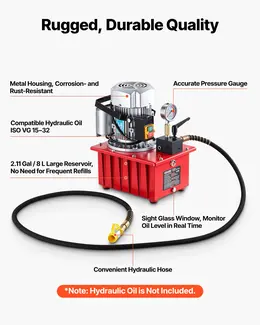 Electric Hydraulic Pump, Single Acting, 750W, 10,000 PSI, 120V, Manual Valve, 2.1 Gallon