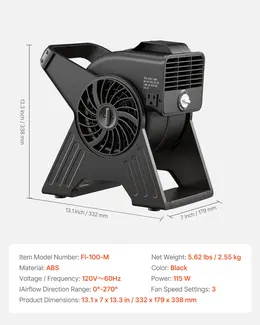 Blower Fan, 13 In Portable Utility Floor Fan, 300 CFM, 3 Speeds, Multi-Angle Airflow, Lightweight Portable High Velocity Air Mover, For Drying, Dehumidifying, Carpets, Air Circulation, Cooling