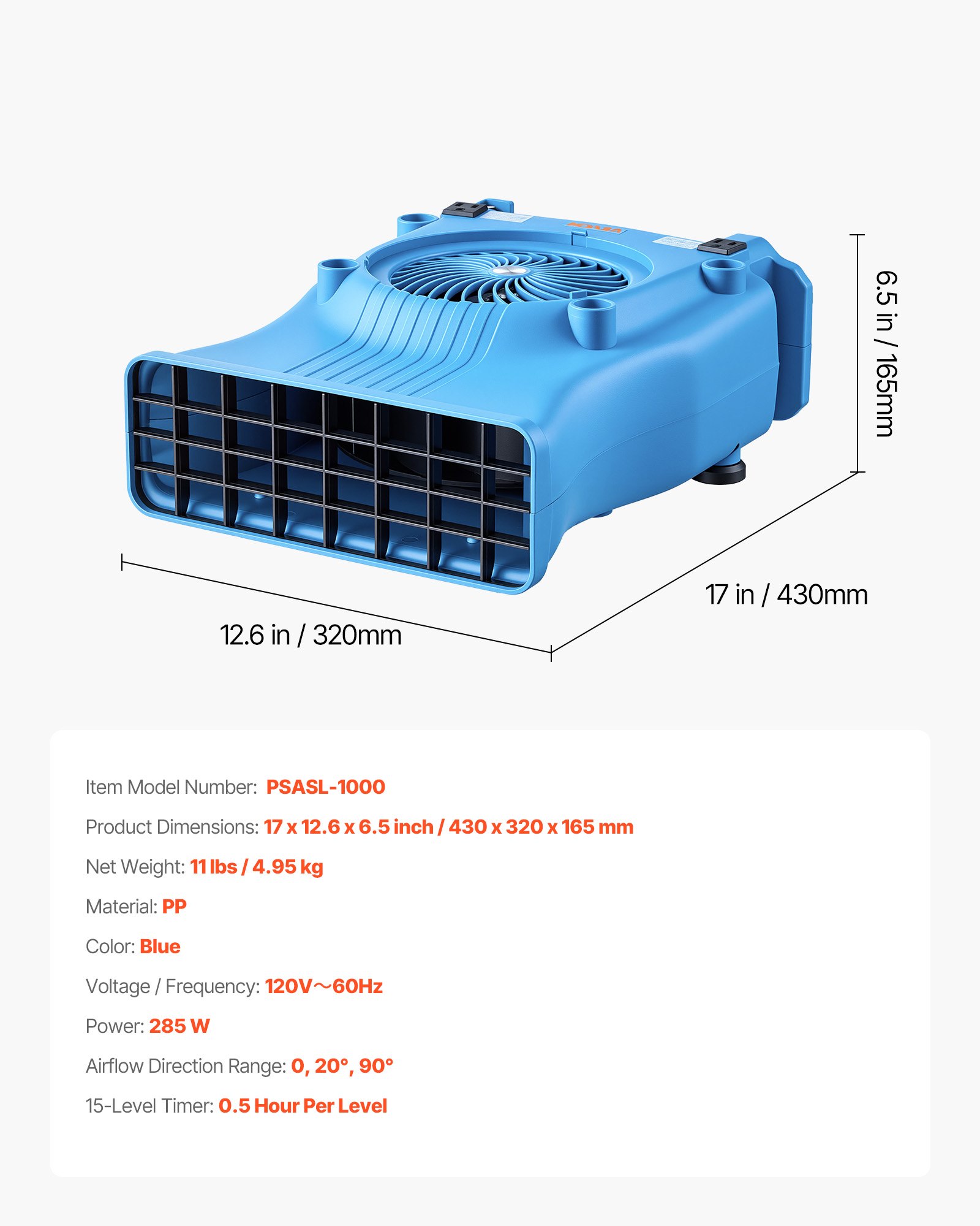 Blower Fan, Low Profile Air Mover Carpet Dryer, 1000 CFM, 2 Speeds, Multi-Angle Airflow, Lightweight Portable For Crawlspaces, Attics, Basements, Bathrooms, Water Damage Restoration, Blue