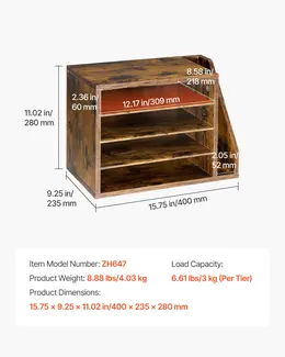 Literature Organizer, 4 Compartments Office Mailbox With Detachable Shelves, Wooden Mailbox Sorter With Side Vertical Storage, Countertop Office Home Organizer For File, Document, Paper, Brown
