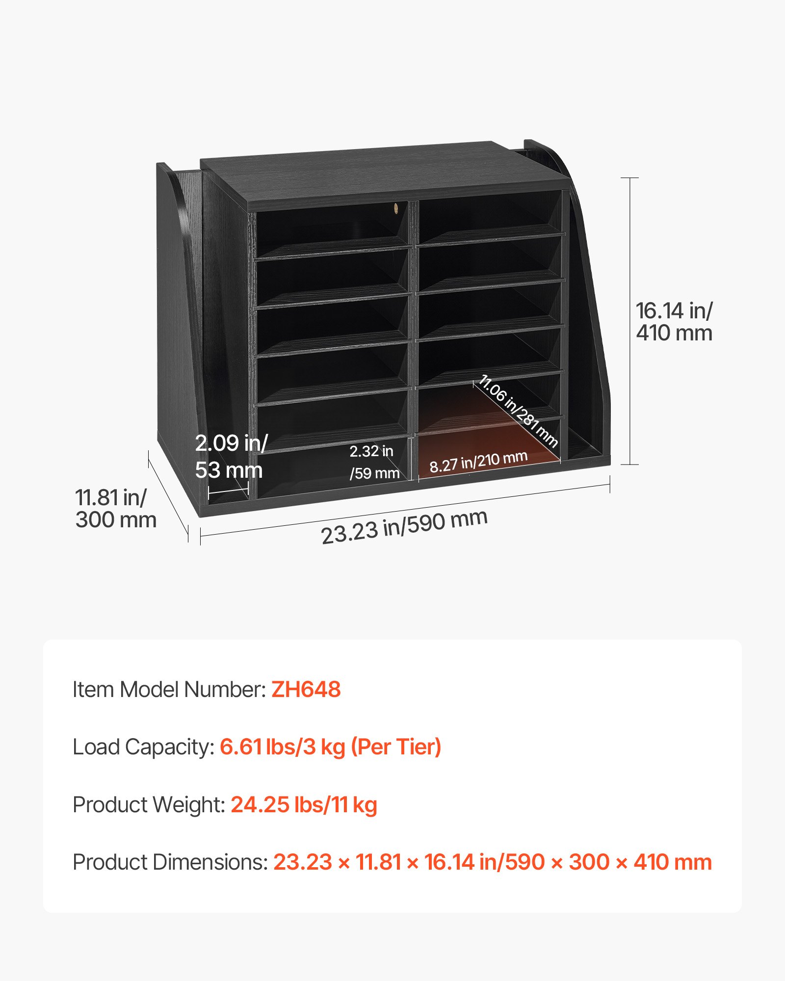 Literature Organizer, 12 Compartments Office Mailbox With Side Vertical Storage, Wooden Mailbox Sorter Made Of Particle Board, Countertop Office Home  Organizer For File, Document, Paper, Black