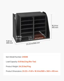 Literature Organizer, 12 Compartments Office Mailbox With Side Vertical Storage, Wooden Mailbox Sorter Made Of Particle Board, Countertop Office Home  Organizer For File, Document, Paper, Black
