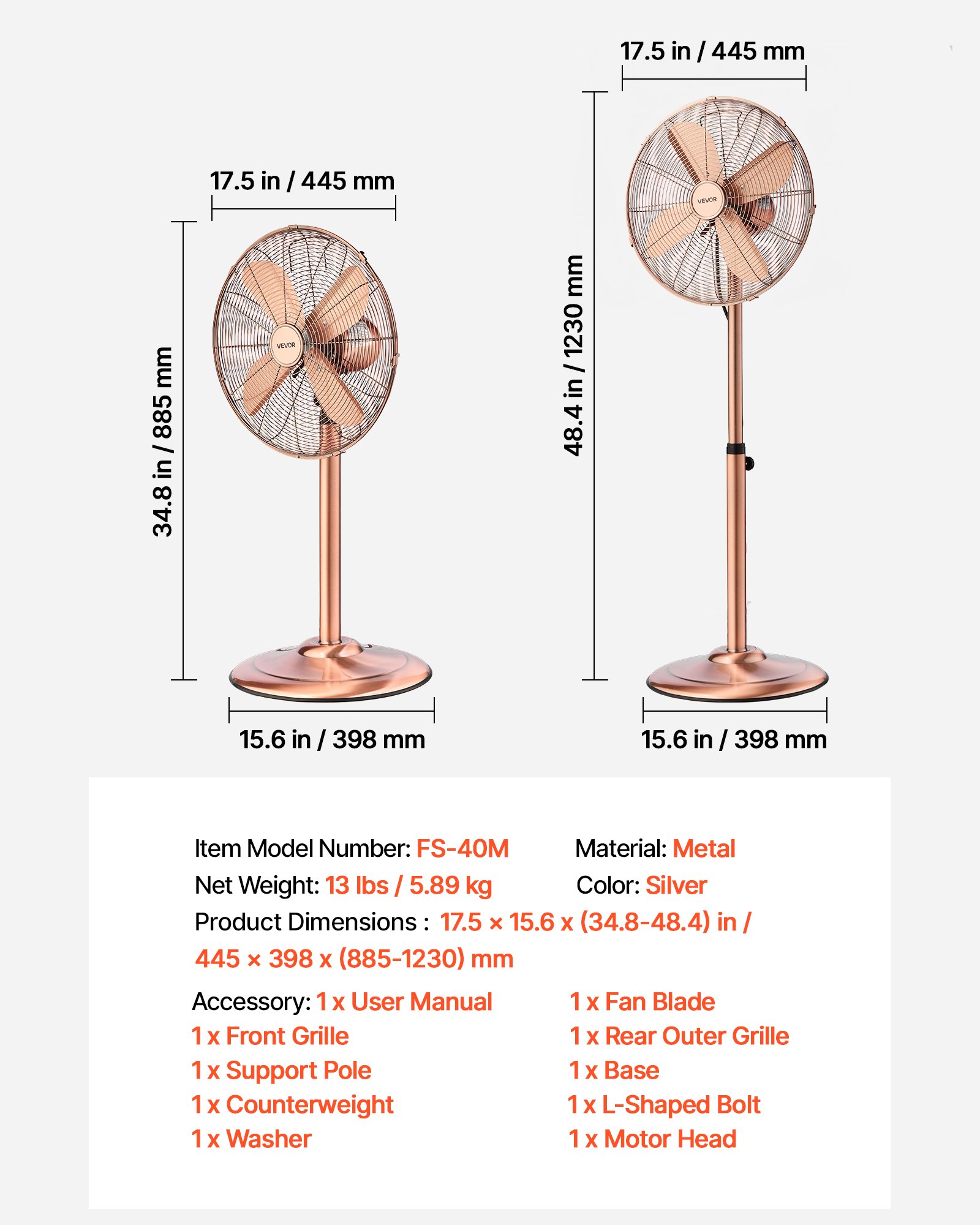 16-Inch High Velocity Pedestal Fan, 1450 CFM Industrial Standing Floor Fan With Handle, 75° Oscillating, 3-Speed Adjustable Height, Metal Made For Commercial, Garage, Workshop, Home, Copper